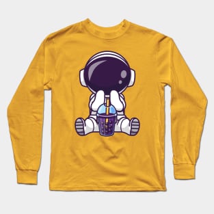 Cute Astronaut Drinking Boba Milk Tea Space Cartoon Long Sleeve T-Shirt